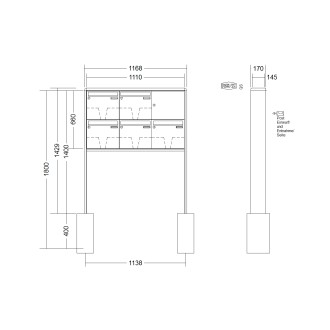 Briefkastenanlage freistehend Renz RS 2000 1-6 fach, Sprech - Klingel: ohne Sprech - Klingel, Montageart: zum Einbetonieren, Kastengröße: 370 x 330 x 145mm ( 17 Liter ), Teilnehmer: 5 Teilnehmer, Anlagenfarbe: Standard Farben