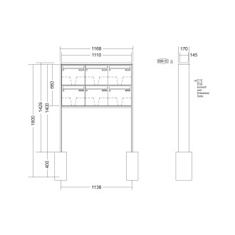 Briefkastenanlage freistehend Renz RS 2000 1-6 fach, Sprech - Klingel: ohne Sprech - Klingel, Montageart: zum Einbetonieren, Kastengröße: 370 x 330 x 145mm ( 17 Liter ), Teilnehmer: 6 Teilnehmer, Anlagenfarbe: Standard Farben