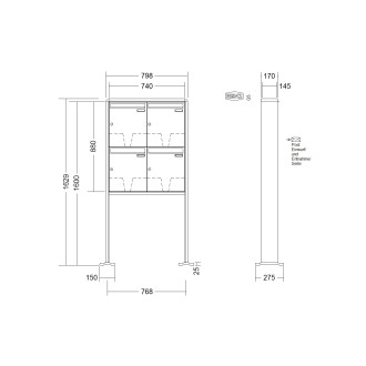 Briefkastenanlage freistehend Renz RS 2000 1-6 fach, Sprech - Klingel: ohne Sprech - Klingel, Montageart: zum Aufschrauben, Kastengröße: 370 x 440 x 145mm ( 23 Liter ), Teilnehmer: 4 Teilnehmer, Anlagenfarbe: Standard Farben