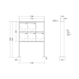 Briefkastenanlage freistehend Renz RS 2000 1-6 fach, Sprech - Klingel: ohne Sprech - Klingel, Montageart: zum Aufschrauben, Kastengröße: 370 x 440 x 145mm ( 23 Liter ), Teilnehmer: 5 Teilnehmer, Anlagenfarbe: Standard Farben