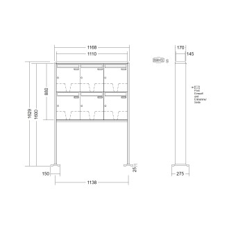 Briefkastenanlage freistehend Renz RS 2000 1-6 fach, Sprech - Klingel: ohne Sprech - Klingel, Montageart: zum Aufschrauben, Kastengröße: 370 x 440 x 145mm ( 23 Liter ), Teilnehmer: 6 Teilnehmer, Anlagenfarbe: Standard Farben
