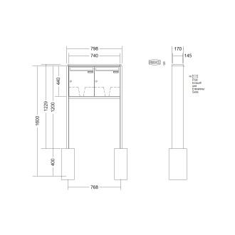 Briefkastenanlage freistehend Renz RS 2000 1-6 fach, Sprech - Klingel: ohne Sprech - Klingel, Montageart: zum Einbetonieren, Kastengröße: 370 x 440 x 145mm ( 23 Liter ), Teilnehmer: 2 Teilnehmer, Anlagenfarbe: Standard Farben