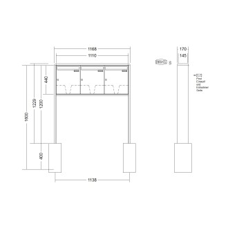 Briefkastenanlage freistehend Renz RS 2000 1-6 fach, Sprech - Klingel: ohne Sprech - Klingel, Montageart: zum Einbetonieren, Kastengröße: 370 x 440 x 145mm ( 23 Liter ), Teilnehmer: 3 Teilnehmer, Anlagenfarbe: Standard Farben