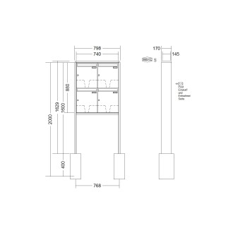 Briefkastenanlage freistehend Renz RS 2000 1-6 fach, Sprech - Klingel: ohne Sprech - Klingel, Montageart: zum Einbetonieren, Kastengröße: 370 x 440 x 145mm ( 23 Liter ), Teilnehmer: 4 Teilnehmer, Anlagenfarbe: Standard Farben