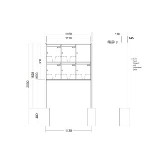 Briefkastenanlage freistehend Renz RS 2000 1-6 fach, Sprech - Klingel: ohne Sprech - Klingel, Montageart: zum Einbetonieren, Kastengröße: 370 x 440 x 145mm ( 23 Liter ), Teilnehmer: 5 Teilnehmer, Anlagenfarbe: Standard Farben