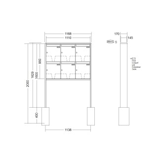 Briefkastenanlage freistehend Renz RS 2000 1-6 fach, Sprech - Klingel: ohne Sprech - Klingel, Montageart: zum Einbetonieren, Kastengröße: 370 x 440 x 145mm ( 23 Liter ), Teilnehmer: 6 Teilnehmer, Anlagenfarbe: Standard Farben