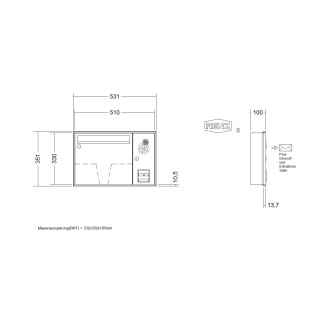 Briefkastenanlage Unterputz Renz Schattenfuge 1-6 fach, Sprech - Klingel: mit Sprech Klingel, Kastengröße: 370 x 330 x 100mm ( 12 Liter ), Teilnehmer: 1 Teilnehmer, Anlagenfarbe: Standard Farben