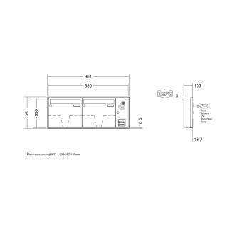Briefkastenanlage Unterputz Renz Schattenfuge 1-6 fach, Sprech - Klingel: mit Sprech Klingel, Kastengröße: 370 x 330 x 100mm ( 12 Liter ), Teilnehmer: 2 Teilnehmer, Anlagenfarbe: Standard Farben