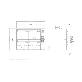 Briefkastenanlage Unterputz Renz Schattenfuge 1-6 fach, Sprech - Klingel: mit Sprech Klingel, Kastengröße: 370 x 330 x 100mm ( 12 Liter ), Teilnehmer: 4 Teilnehmer, Anlagenfarbe: Standard Farben