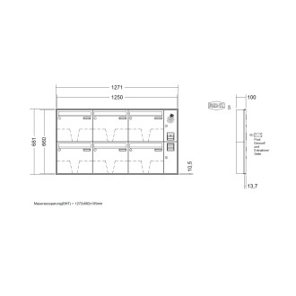 Briefkastenanlage Unterputz Renz Schattenfuge 1-6 fach, Sprech - Klingel: mit Sprech Klingel, Kastengröße: 370 x 330 x 100mm ( 12 Liter ), Teilnehmer: 6 Teilnehmer, Anlagenfarbe: Standard Farben