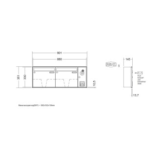 Briefkastenanlage Unterputz Renz Schattenfuge 1-6 fach, Sprech - Klingel: mit Sprech Klingel, Kastengröße: 370 x 330 x 145mm ( 17 Liter ), Teilnehmer: 2 Teilnehmer, Anlagenfarbe: Standard Farben