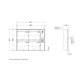 Briefkastenanlage Unterputz Renz Schattenfuge 1-6 fach, Sprech - Klingel: mit Sprech Klingel, Kastengröße: 370 x 330 x 145mm ( 17 Liter ), Teilnehmer: 4 Teilnehmer, Anlagenfarbe: Standard Farben