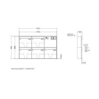 Briefkastenanlage Unterputz Renz Schattenfuge 1-6 fach, Sprech - Klingel: mit Sprech Klingel, Kastengröße: 370 x 330 x 145mm ( 17 Liter ), Teilnehmer: 5 Teilnehmer, Anlagenfarbe: Standard Farben