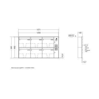 Briefkastenanlage Unterputz Renz Schattenfuge 1-6 fach, Sprech - Klingel: mit Sprech Klingel, Kastengröße: 370 x 330 x 145mm ( 17 Liter ), Teilnehmer: 6 Teilnehmer, Anlagenfarbe: Standard Farben