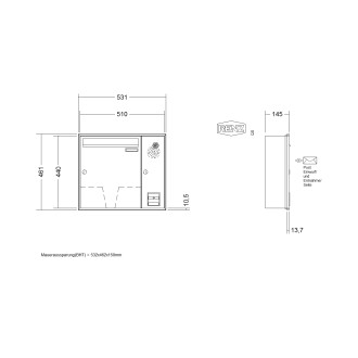 Briefkastenanlage Unterputz Renz Schattenfuge 1-6 fach, Sprech - Klingel: mit Sprech Klingel, Kastengröße: 370 x 440 x 145mm ( 23 Liter ), Teilnehmer: 1 Teilnehmer, Anlagenfarbe: Standard Farben