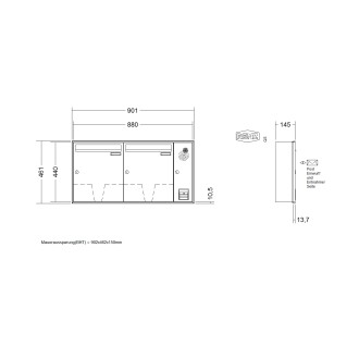 Briefkastenanlage Unterputz Renz Schattenfuge 1-6 fach, Sprech - Klingel: mit Sprech Klingel, Kastengröße: 370 x 440 x 145mm ( 23 Liter ), Teilnehmer: 2 Teilnehmer, Anlagenfarbe: Standard Farben