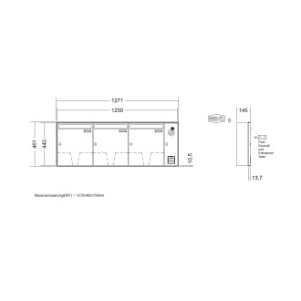 Briefkastenanlage Unterputz Renz Schattenfuge 1-6 fach, Sprech - Klingel: mit Sprech Klingel, Kastengröße: 370 x 440 x 145mm ( 23 Liter ), Teilnehmer: 3 Teilnehmer, Anlagenfarbe: Standard Farben