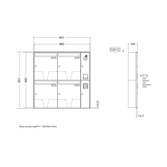 Briefkastenanlage Unterputz Renz Schattenfuge 1-6 fach, Sprech - Klingel: mit Sprech Klingel, Kastengröße: 370 x 440 x 145mm ( 23 Liter ), Teilnehmer: 4 Teilnehmer, Anlagenfarbe: Standard Farben