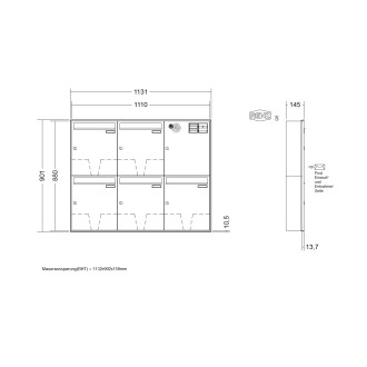 Briefkastenanlage Unterputz Renz Schattenfuge 1-6 fach, Sprech - Klingel: mit Sprech Klingel, Kastengröße: 370 x 440 x 145mm ( 23 Liter ), Teilnehmer: 5 Teilnehmer, Anlagenfarbe: Standard Farben