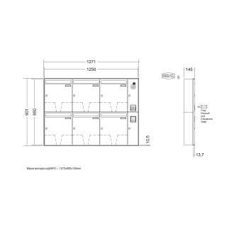 Briefkastenanlage Unterputz Renz Schattenfuge 1-6 fach, Sprech - Klingel: mit Sprech Klingel, Kastengröße: 370 x 440 x 145mm ( 23 Liter ), Teilnehmer: 6 Teilnehmer, Anlagenfarbe: Standard Farben