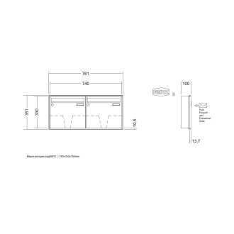 Briefkastenanlage Unterputz Renz Schattenfuge 1-6 fach, Sprech - Klingel: ohne Sprech - Klingel, Kastengröße: 370 x 330 x 100mm ( 12 Liter ), Teilnehmer: 2 Teilnehmer, Anlagenfarbe: Standard Farben