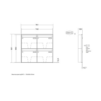 Briefkastenanlage Unterputz Renz Schattenfuge 1-6 fach, Sprech - Klingel: ohne Sprech - Klingel, Kastengröße: 370 x 330 x 100mm ( 12 Liter ), Teilnehmer: 4 Teilnehmer, Anlagenfarbe: Standard Farben