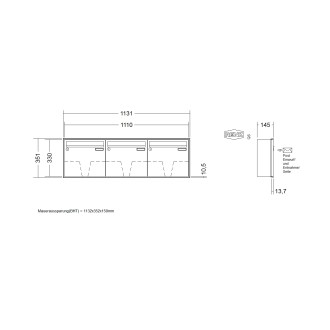 Briefkastenanlage Unterputz Renz Schattenfuge 1-6 fach, Sprech - Klingel: ohne Sprech - Klingel, Kastengröße: 370 x 330 x 145mm ( 17 Liter ), Teilnehmer: 3 Teilnehmer, Anlagenfarbe: Standard Farben