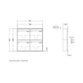 Briefkastenanlage Unterputz Renz Schattenfuge 1-6 fach, Sprech - Klingel: ohne Sprech - Klingel, Kastengröße: 370 x 330 x 145mm ( 17 Liter ), Teilnehmer: 4 Teilnehmer, Anlagenfarbe: Standard Farben
