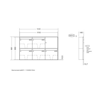 Briefkastenanlage Unterputz Renz Schattenfuge 1-6 fach, Sprech - Klingel: ohne Sprech - Klingel, Kastengröße: 370 x 330 x 145mm ( 17 Liter ), Teilnehmer: 5 Teilnehmer, Anlagenfarbe: Standard Farben