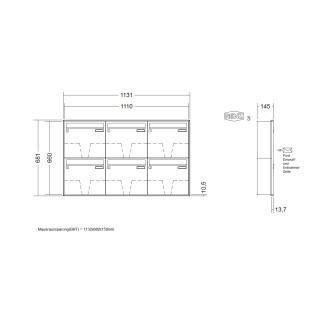 Briefkastenanlage Unterputz Renz Schattenfuge 1-6 fach, Sprech - Klingel: ohne Sprech - Klingel, Kastengröße: 370 x 330 x 145mm ( 17 Liter ), Teilnehmer: 6 Teilnehmer, Anlagenfarbe: Standard Farben