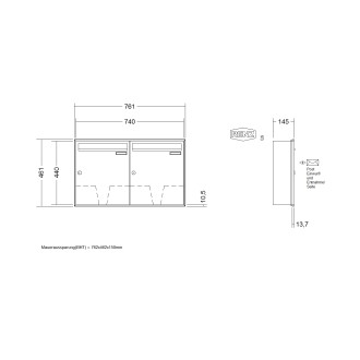 Briefkastenanlage Unterputz Renz Schattenfuge 1-6 fach, Sprech - Klingel: ohne Sprech - Klingel, Kastengröße: 370 x 440 x 145mm ( 23 Liter ), Teilnehmer: 2 Teilnehmer, Anlagenfarbe: Standard Farben