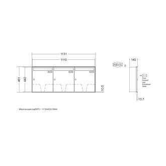 Briefkastenanlage Unterputz Renz Schattenfuge 1-6 fach, Sprech - Klingel: ohne Sprech - Klingel, Kastengröße: 370 x 440 x 145mm ( 23 Liter ), Teilnehmer: 3 Teilnehmer, Anlagenfarbe: Standard Farben