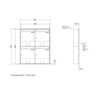 Briefkastenanlage Unterputz Renz Schattenfuge 1-6 fach, Sprech - Klingel: ohne Sprech - Klingel, Kastengröße: 370 x 440 x 145mm ( 23 Liter ), Teilnehmer: 4 Teilnehmer, Anlagenfarbe: Standard Farben