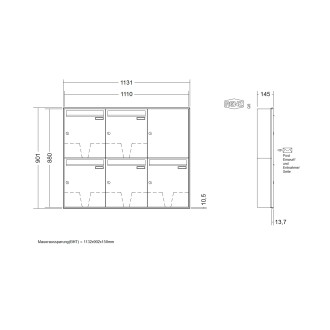Briefkastenanlage Unterputz Renz Schattenfuge 1-6 fach, Sprech - Klingel: ohne Sprech - Klingel, Kastengröße: 370 x 440 x 145mm ( 23 Liter ), Teilnehmer: 5 Teilnehmer, Anlagenfarbe: Standard Farben