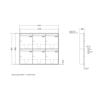 Briefkastenanlage Unterputz Renz Schattenfuge 1-6 fach, Sprech - Klingel: ohne Sprech - Klingel, Kastengröße: 370 x 440 x 145mm ( 23 Liter ), Teilnehmer: 6 Teilnehmer, Anlagenfarbe: Standard Farben