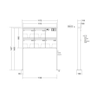Briefkastenanlage freistehend Renz Tetro 1-6 fach, Sprech - Klingel: mit Sprech Klingel, Montageart: zum Aufschrauben, Kastengröße: 370 x 330 x 100mm ( 12 Liter ), Teilnehmer: 5 Teilnehmer, Anlagenfarbe: Standard Farben