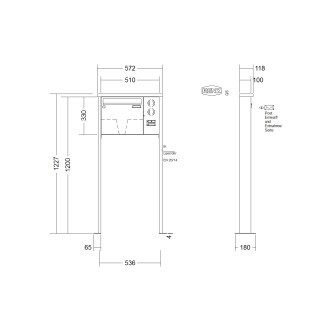 Briefkastenanlage freistehend Renz Tetro 1-6 fach, Sprech - Klingel: mit Sprech Klingel, Montageart: zum Aufschrauben, Kastengröße: 370 x 330 x 100mm ( 12 Liter ), Teilnehmer: 1 Teilnehmer, Anlagenfarbe: Edelstahl V4A