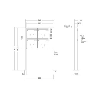 Briefkastenanlage freistehend Renz Tetro 1-6 fach, Sprech - Klingel: mit Sprech Klingel, Montageart: zum Aufschrauben, Kastengröße: 370 x 330 x 100mm ( 12 Liter ), Teilnehmer: 4 Teilnehmer, Anlagenfarbe: Edelstahl V4A