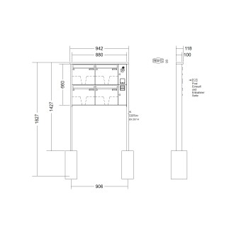 Briefkastenanlage freistehend Renz Tetro 1-6 fach, Sprech - Klingel: mit Sprech Klingel, Montageart: zum Einbetonieren, Kastengröße: 370 x 330 x 100mm ( 12 Liter ), Teilnehmer: 4 Teilnehmer, Anlagenfarbe: Standard Farben