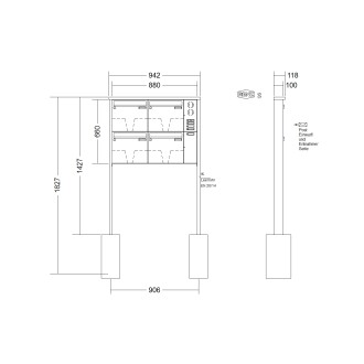 Briefkastenanlage freistehend Renz Tetro 1-6 fach, Sprech - Klingel: mit Sprech Klingel, Montageart: zum Einbetonieren, Kastengröße: 370 x 330 x 100mm ( 12 Liter ), Teilnehmer: 4 Teilnehmer, Anlagenfarbe: Edelstahl V4A