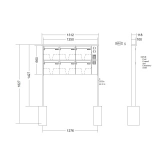 Briefkastenanlage freistehend Renz Tetro 1-6 fach, Sprech - Klingel: mit Sprech Klingel, Montageart: zum Einbetonieren, Kastengröße: 370 x 330 x 100mm ( 12 Liter ), Teilnehmer: 6 Teilnehmer, Anlagenfarbe: Edelstahl V4A