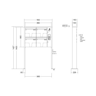 Briefkastenanlage freistehend Renz Tetro 1-6 fach, Sprech - Klingel: mit Sprech Klingel, Montageart: zum Aufschrauben, Kastengröße: 370 x 330 x 145mm ( 17 Liter ), Teilnehmer: 4 Teilnehmer, Anlagenfarbe: Standard Farben
