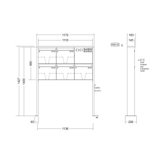 Briefkastenanlage freistehend Renz Tetro 1-6 fach, Sprech - Klingel: mit Sprech Klingel, Montageart: zum Aufschrauben, Kastengröße: 370 x 330 x 145mm ( 17 Liter ), Teilnehmer: 5 Teilnehmer, Anlagenfarbe: Edelstahl V4A