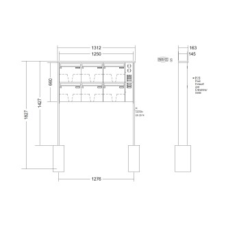 Briefkastenanlage freistehend Renz Tetro 1-6 fach, Sprech - Klingel: mit Sprech Klingel, Montageart: zum Einbetonieren, Kastengröße: 370 x 330 x 145mm ( 17 Liter ), Teilnehmer: 6 Teilnehmer, Anlagenfarbe: Edelstahl V4A