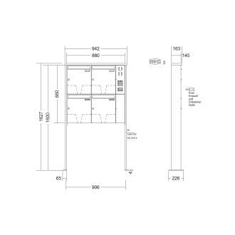 Briefkastenanlage freistehend Renz Tetro 1-6 fach, Sprech - Klingel: mit Sprech Klingel, Montageart: zum Aufschrauben, Kastengröße: 370 x 440 x 145mm ( 23 Liter ), Teilnehmer: 4 Teilnehmer, Anlagenfarbe: Edelstahl V4A