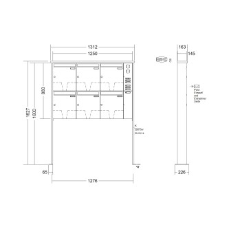 Briefkastenanlage freistehend Renz Tetro 1-6 fach, Sprech - Klingel: mit Sprech Klingel, Montageart: zum Aufschrauben, Kastengröße: 370 x 440 x 145mm ( 23 Liter ), Teilnehmer: 6 Teilnehmer, Anlagenfarbe: Edelstahl V4A