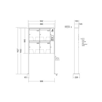 Briefkastenanlage freistehend Renz Tetro 1-6 fach, Sprech - Klingel: mit Sprech Klingel, Montageart: zum Aufschrauben, Kastengröße: 370 x 440 x 145mm ( 23 Liter ), Teilnehmer: 4 Teilnehmer, Anlagenfarbe: Standard Farben