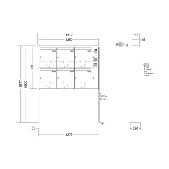Briefkastenanlage freistehend Renz Tetro 1-6 fach, Sprech - Klingel: mit Sprech Klingel, Montageart: zum Aufschrauben, Kastengröße: 370 x 440 x 145mm ( 23 Liter ), Teilnehmer: 6 Teilnehmer, Anlagenfarbe: Standard Farben