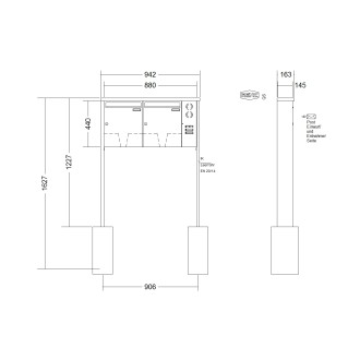 Briefkastenanlage freistehend Renz Tetro 1-6 fach, Sprech - Klingel: mit Sprech Klingel, Montageart: zum Einbetonieren, Kastengröße: 370 x 440 x 145mm ( 23 Liter ), Teilnehmer: 2 Teilnehmer, Anlagenfarbe: Edelstahl V4A