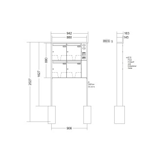 Briefkastenanlage freistehend Renz Tetro 1-6 fach, Sprech - Klingel: mit Sprech Klingel, Montageart: zum Einbetonieren, Kastengröße: 370 x 440 x 145mm ( 23 Liter ), Teilnehmer: 4 Teilnehmer, Anlagenfarbe: Edelstahl V4A